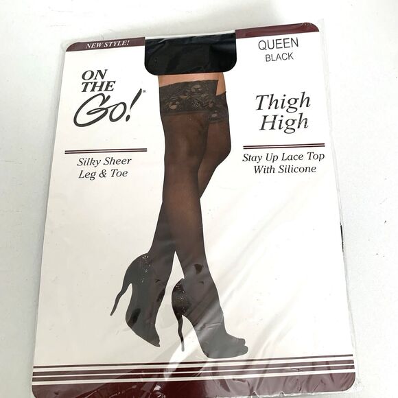 On The Go Black Lace Top Thigh High Silky Sheer Leg & Toe Queen Black Brand New - Picture 1 of 4